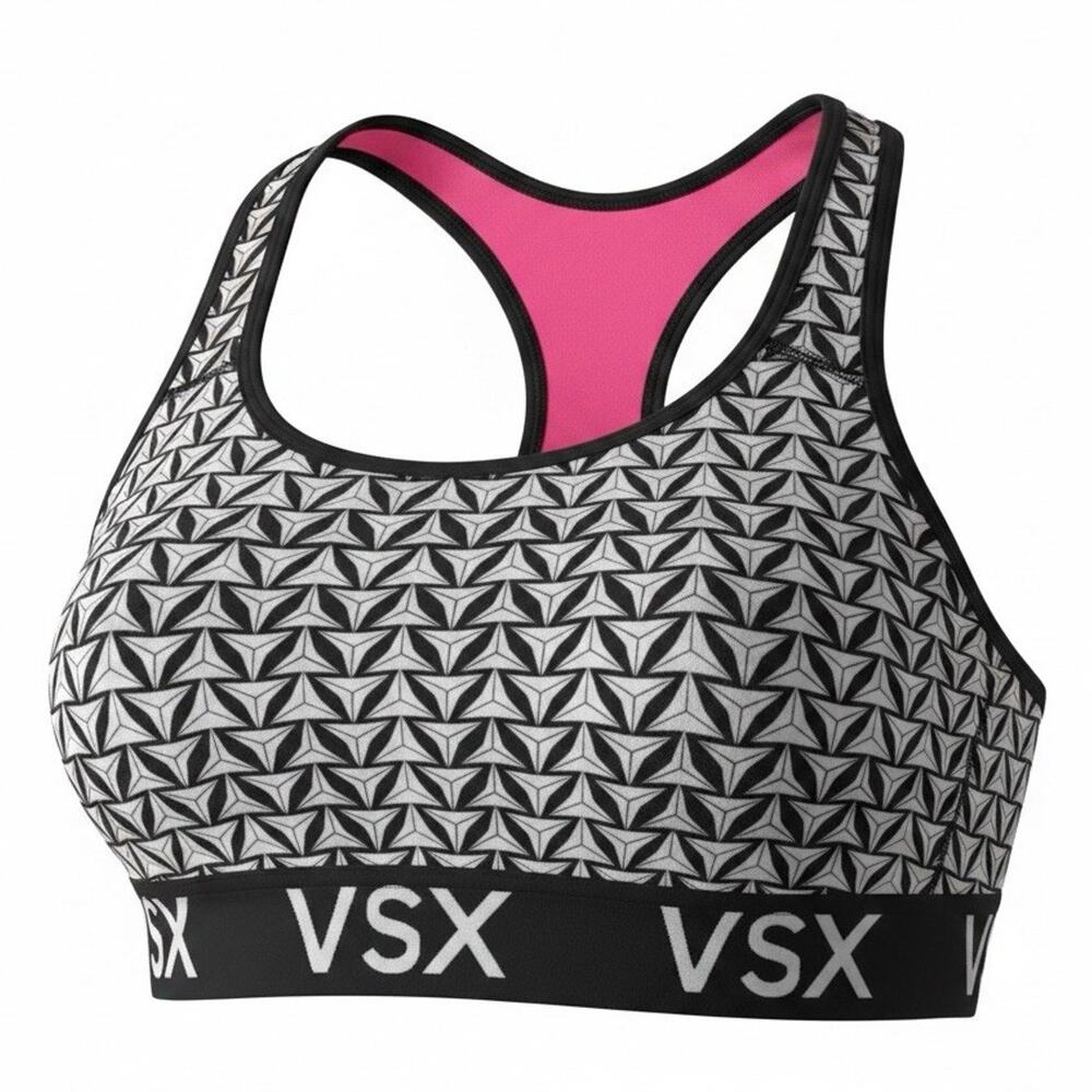 Victorias Secret VSX Black White Athletic Racerback Sport Bra M Hot Pink Lining